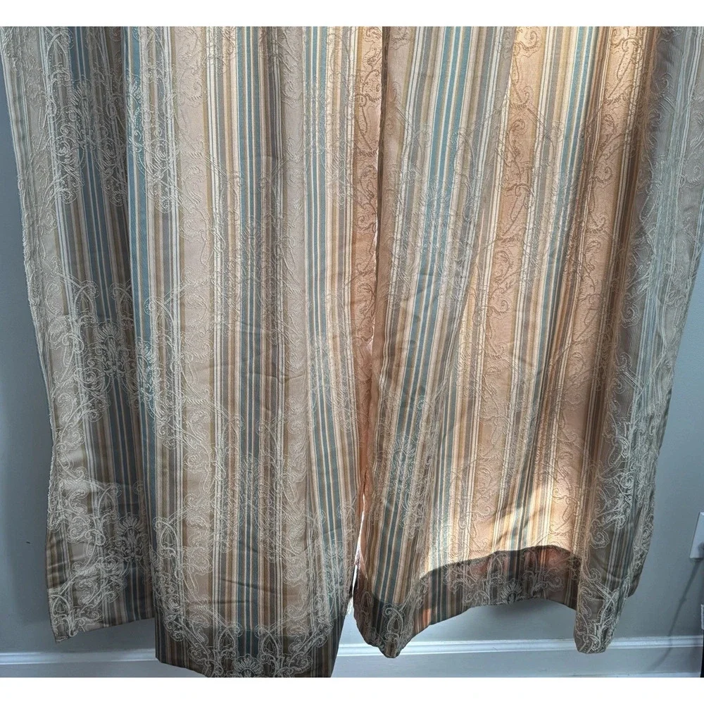 Croscill Home 2 Curtain Panels 40x84 Brocade Fabric Striped Blue Gold Damask